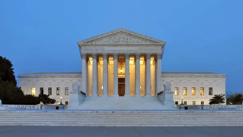 Panoramic view of the United States Supreme Court building at dusk, Washington DC