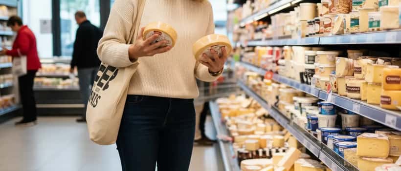 Consommateur français vérifiant les étiquettes de fromages dans un supermarché