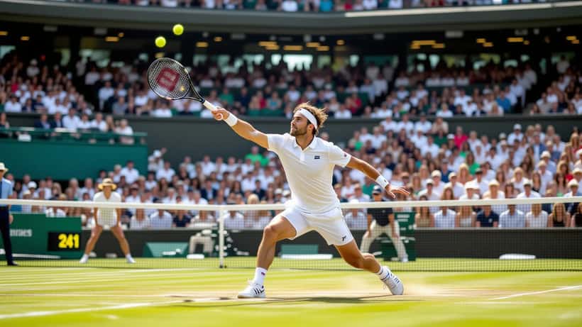 British tennis player mid-serve on Wimbledon grass court under bright summer afternoon sun