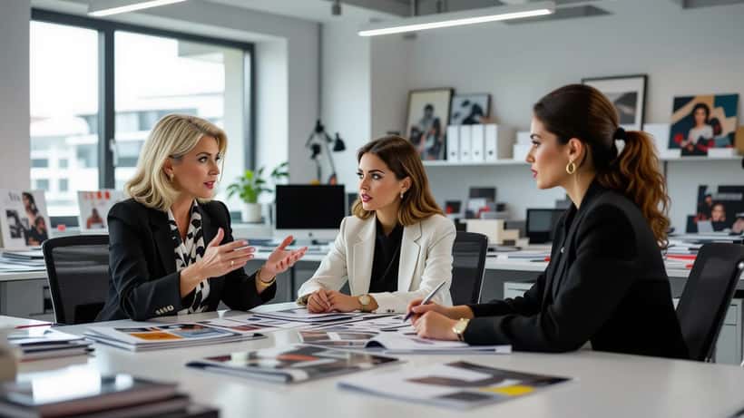 Cena de escritório editorial elegante com chefe autoritária e assistente stressada