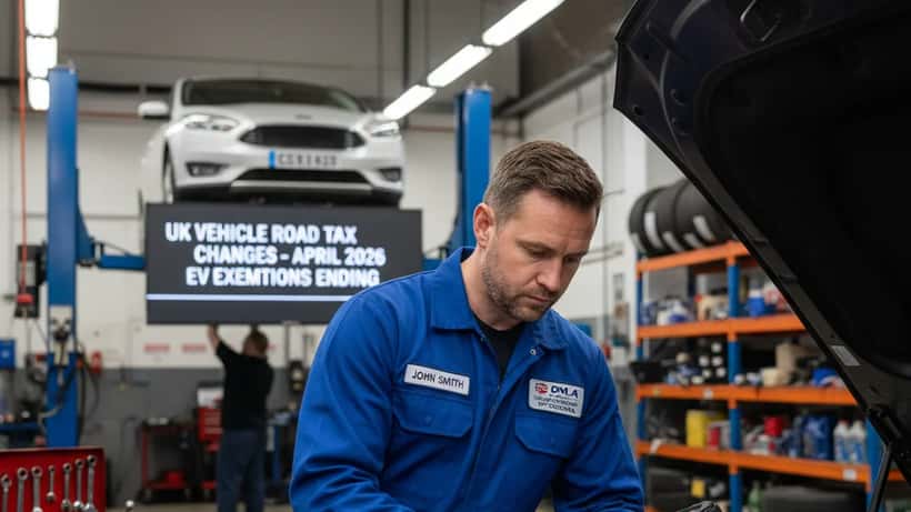 British mechanic in coveralls inspecting a vehicle engine in a Birmingham garage workshop