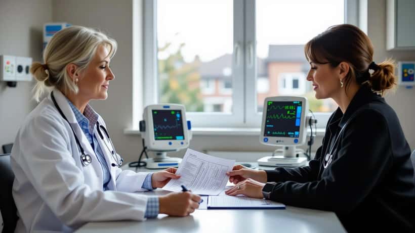 Woman in a GP surgery reviewing cholesterol and blood pressure results with a doctor
