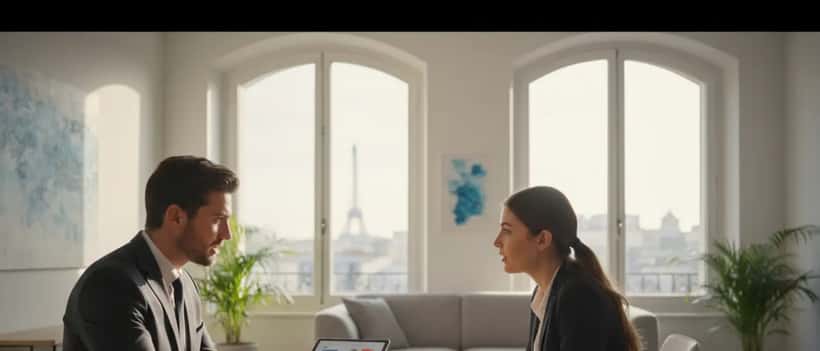 Jeune conseiller financier français présentant des graphiques d'investissement à un client dans un bureau parisien