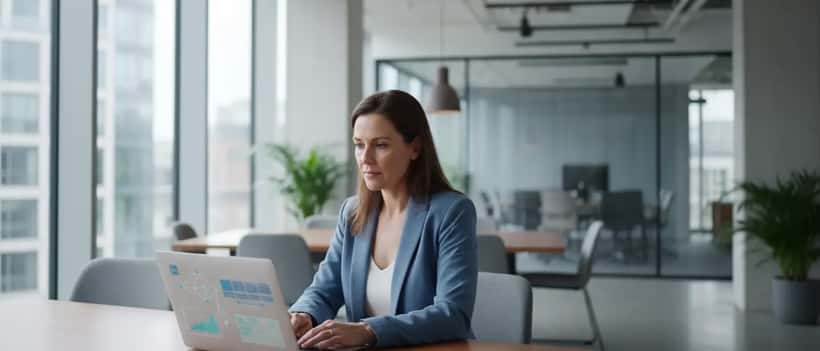 British small business owner reviewing AI analytics on laptop in modern open-plan UK office