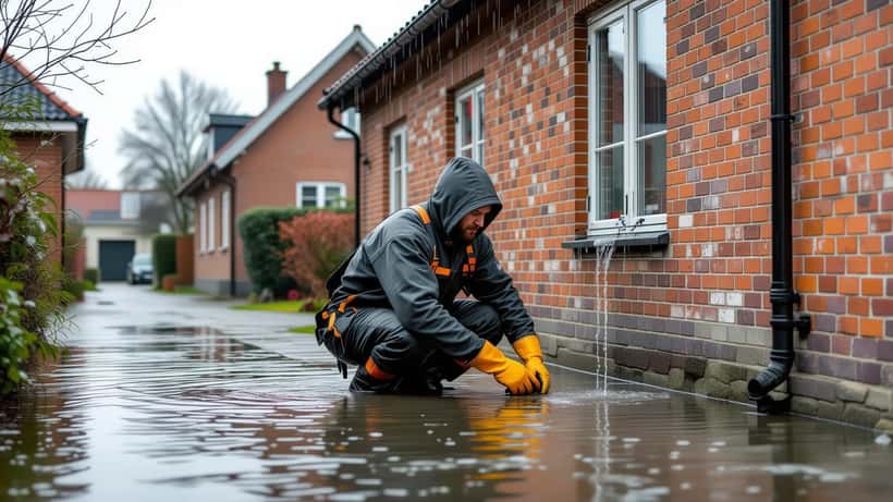 Håndværker inspicerer vandskader ved murværk og fundament under kraftigt regnvejr