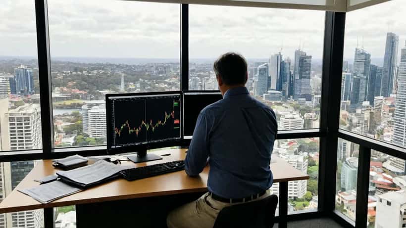 Australian financial adviser reviewing sharp oil price decline charts on dual monitors in a Sydney office