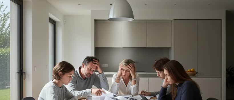 Famille française examinant des documents d'assurance à la table de cuisine, expressions préoccupées