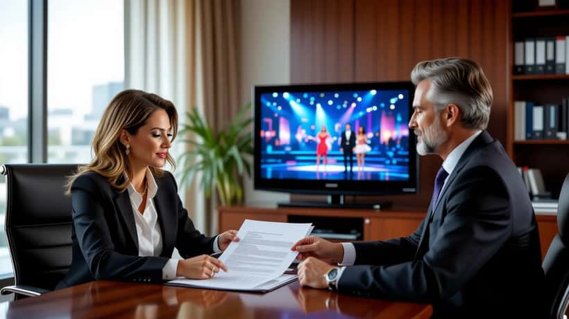 Donna italiana che esamina contratto televisivo RAI con avvocato a Roma, Ballando con le Stelle 2026