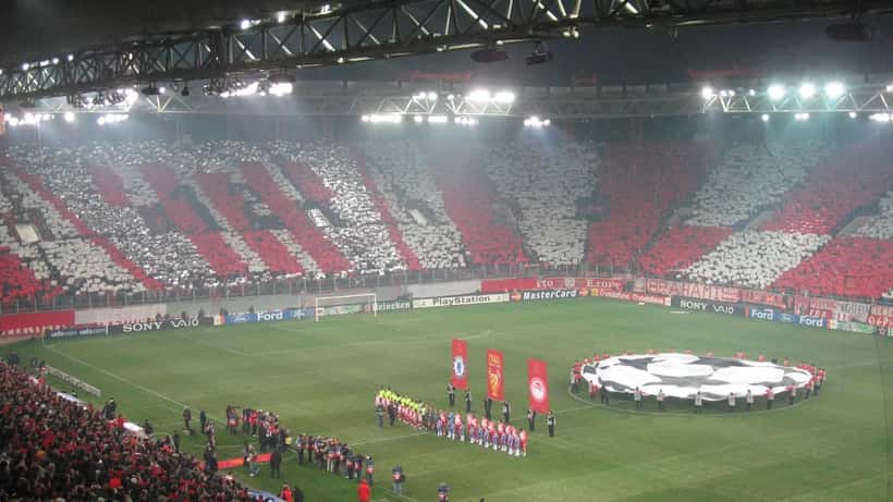 NEC Nijmegen supporters in het Karaiskakis Stadion Piraeus voor de UEFA Champions League-kwalificatie