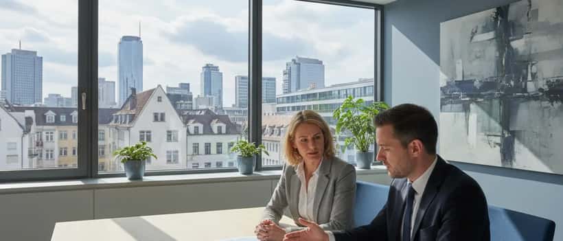 Deutscher Finanzberater beim Beratungsgespräch mit Klient über internationale Steueroptimierung im modernen Büro