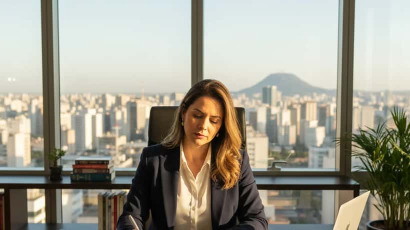 Advogada brasileira analisando documentos jurídicos sobre desaparecimento em escritório moderno em São Paulo
