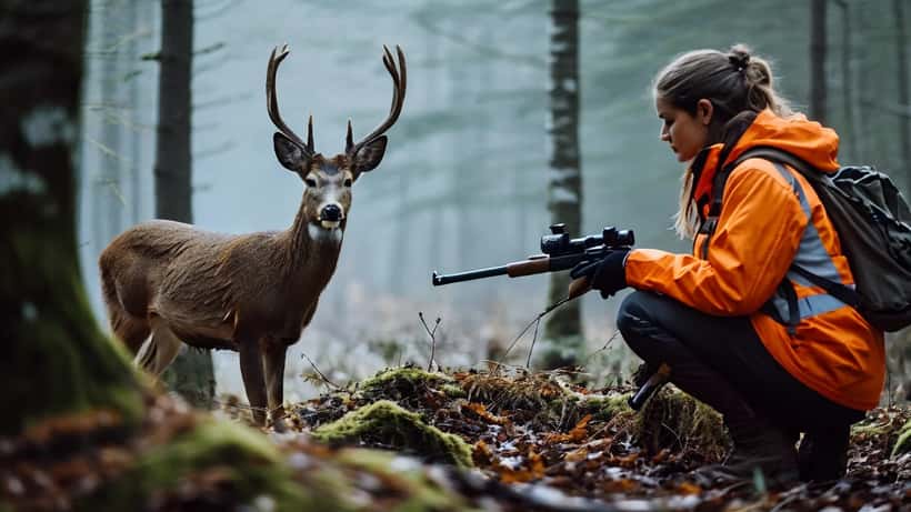 Kvindelig jagtvejleder undersøger et rådyr i dansk skov med omhu