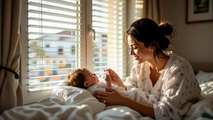 Mãe a proteger bebé do calor em Portugal no verão de 2026