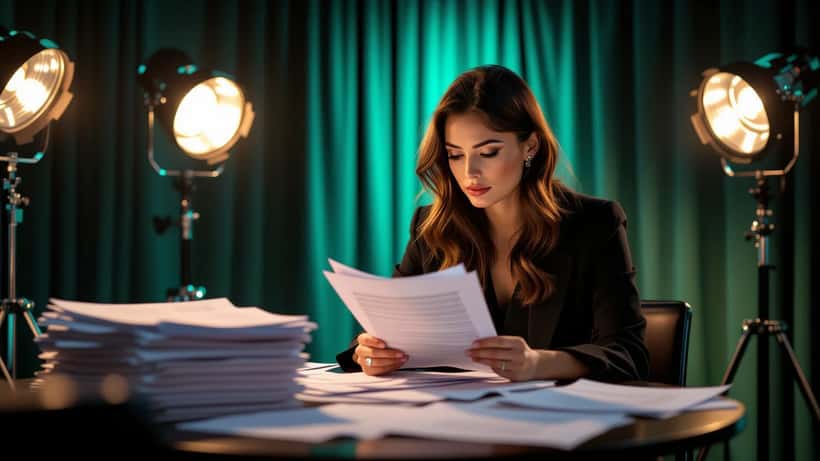 Artiste canadienne lisant son contrat de téléréalité en coulisses à Montréal