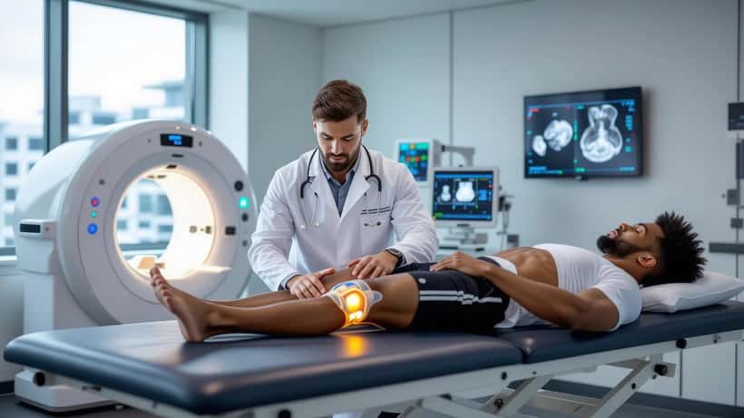 Sports medicine physician performing a knee stability test on an athlete in an Australian sports medicine clinic