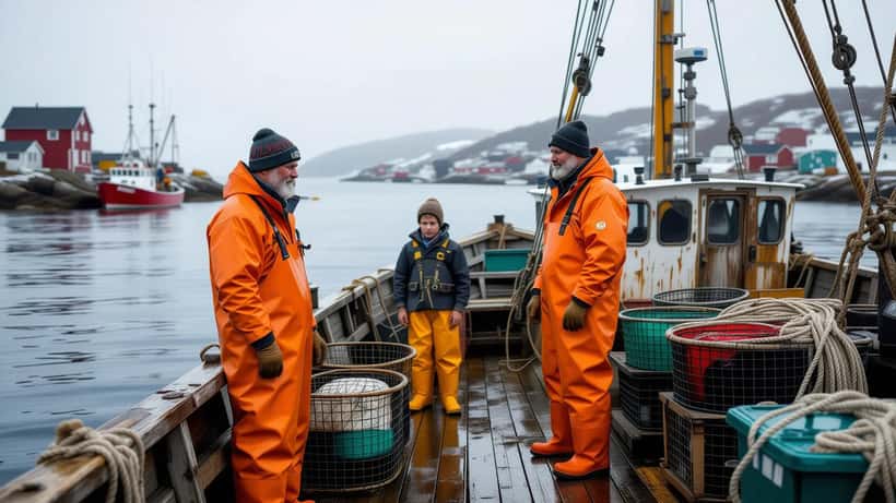 Aging Newfoundland fisherman and younger successor on an inshore fishing boat at a foggy outport wharf