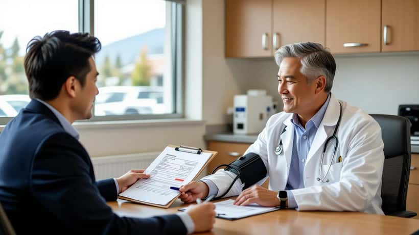 Chinese-Canadian man in his 60s reviewing blood test results with a doctor in a Vancouver clinic