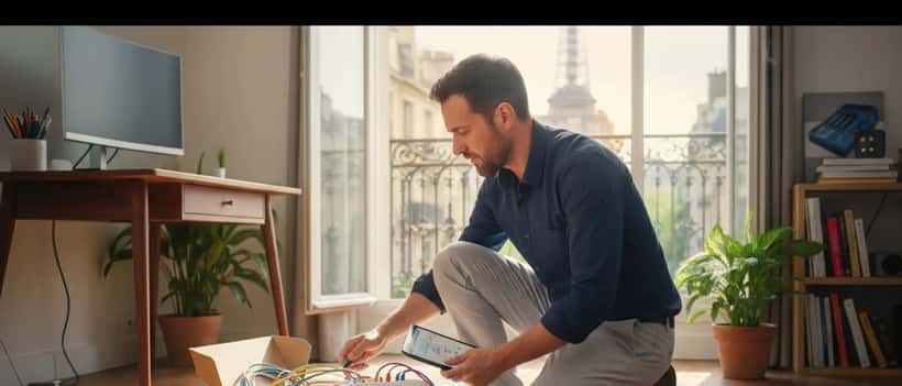 Technicien informatique français configurant un routeur fibre optique dans un appartement moderne