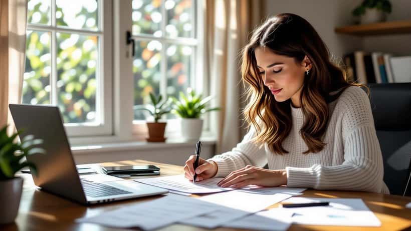 Young woman reviewing a will and estate planning documents at a Sydney home office desk