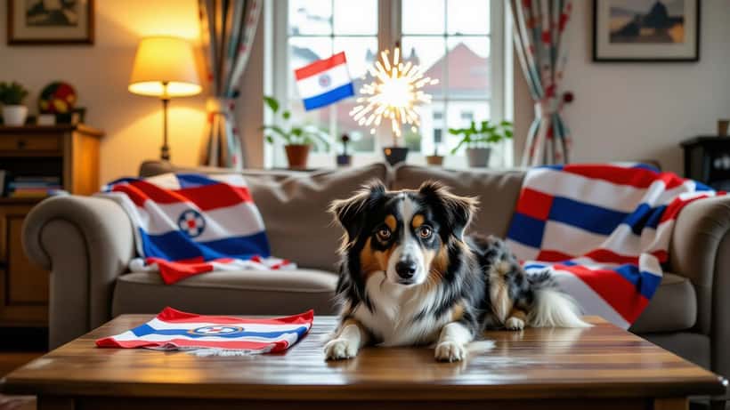 Angstige hond verstopt zich onder de tafel tijdens WK 2026 feestgedruis