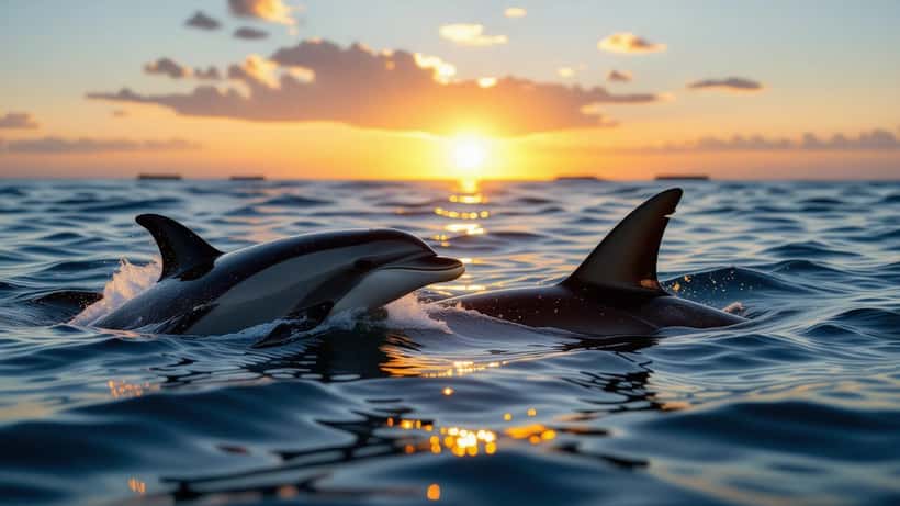Dolphin and shark fins in Australian coastal waters at sunrise