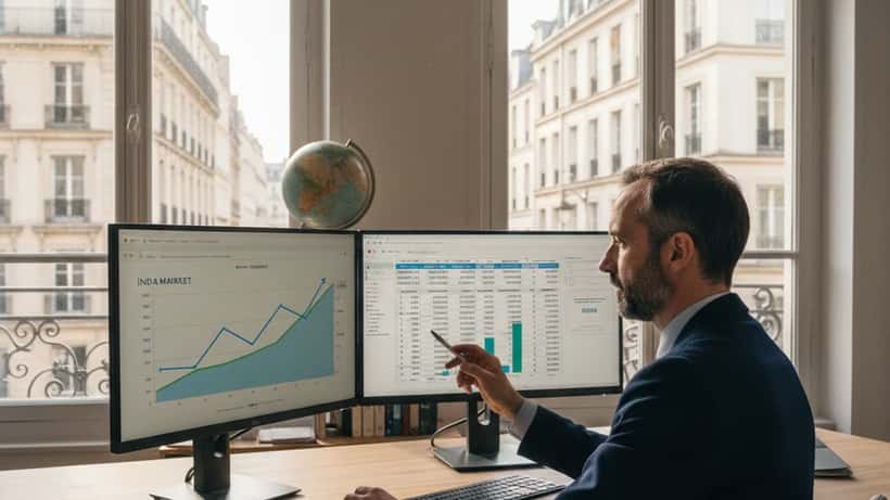 Conseiller en gestion de patrimoine analysant les marchés indiens et européens à Paris