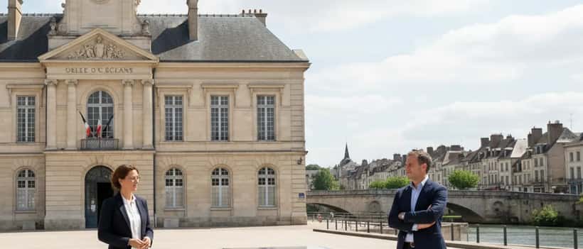 Vue de l'hôtel de ville d'Orléans avec urne électorale symbolisant les municipales 2026 et l'immobilier