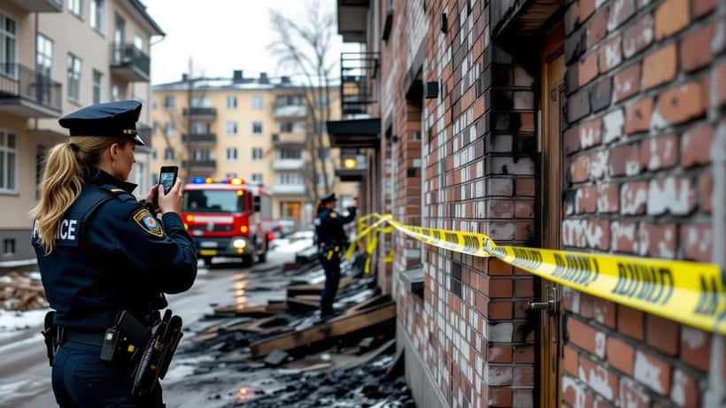 Brandskadad källarport i ett flerfamiljshus med sot och polisavspärrning, polisutredning av mordbrand