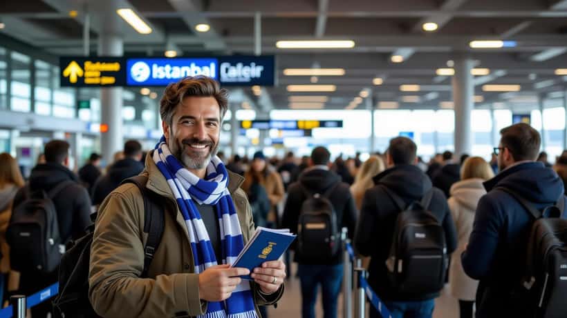 Tifoso italiano con passaporto e sciarpa azzurra all'aeroporto, in partenza per la Nations League in Turchia