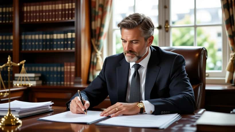 Solicitor reviewing prenuptial agreement documents at a desk in a London law office