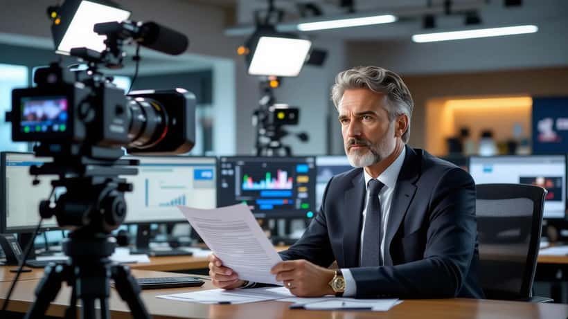 Giornalista televisivo italiano alla scrivania di uno studio TV con contratto di lavoro