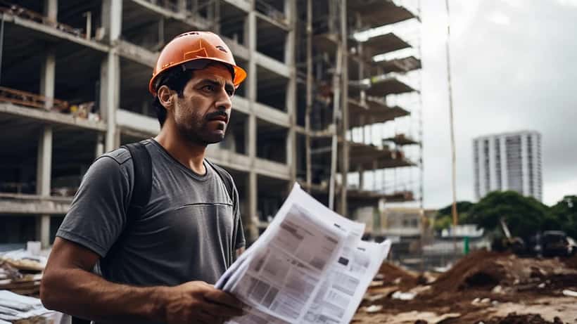 Comprador frustrado diante de prédio residencial inacabado com andaimes e cercas de obra