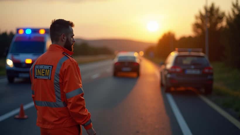 Paramédico INEM em uniforme laranja numa cena de acidente de viação numa autoestrada portuguesa ao anoitecer