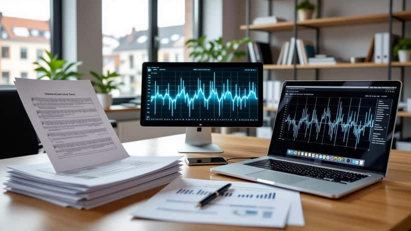 Advokat ved skrivebord med musiknoder og AI-waveforms på skærm, ophavsretsdokumenter i forgrunden