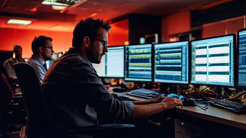 IT security engineer reviewing security alerts on multiple monitors in a server room after a data breach