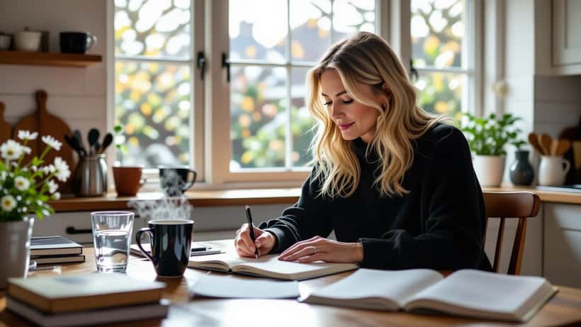 Woman writing in a notebook at a bright London kitchen table with water glass and books, lifestyle transformation, morning light