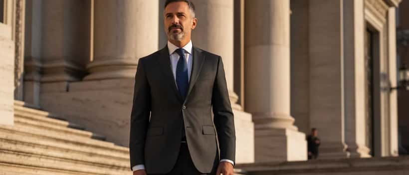 Avvocato penalista italiano sui gradini del tribunale di Roma, luce mattutina sull'architettura classica