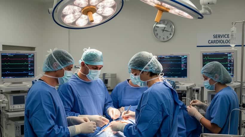 Salle d'opération de chirurgie cardiaque avec équipe médicale en bloc opératoire