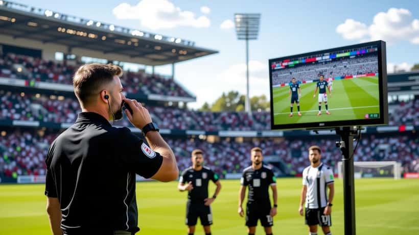 Arbitro italiano in uniforme nera consulta il sistema VAR a bordo campo durante una partita di Serie A