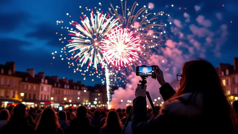 Femme photographiant les feux d'artifice du 14 juillet avec un smartphone sur trépied dans la foule