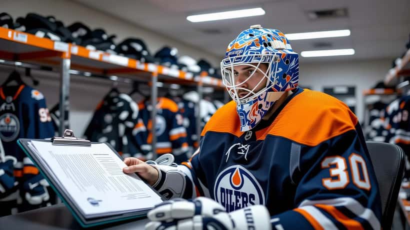 Young NHL goaltender in blue and orange gear reviewing contract documents in Edmonton arena locker room
