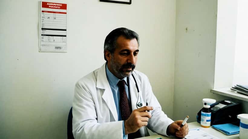 Medico italiano in camice bianco esamina un pacchetto di sigarette con un listino prezzi in ambulatorio