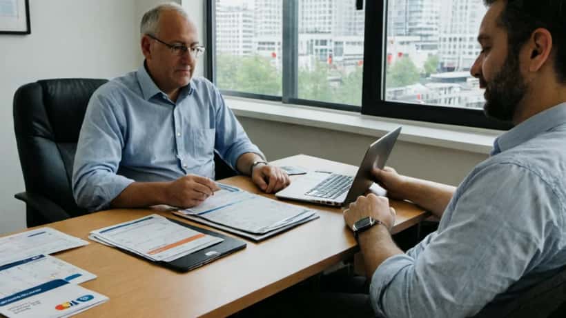 Conseiller financier et client analysant des cartes de crédit et des documents financiers dans un bureau à Montréal