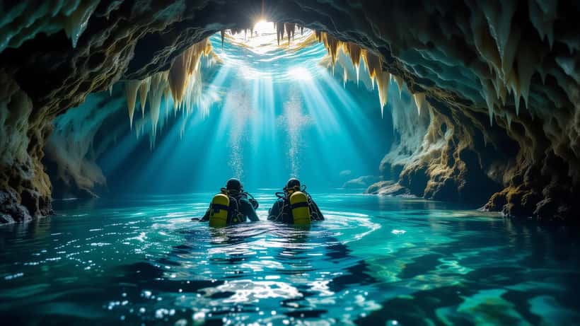Mergulhadores em caverna subaquática com equipamento técnico