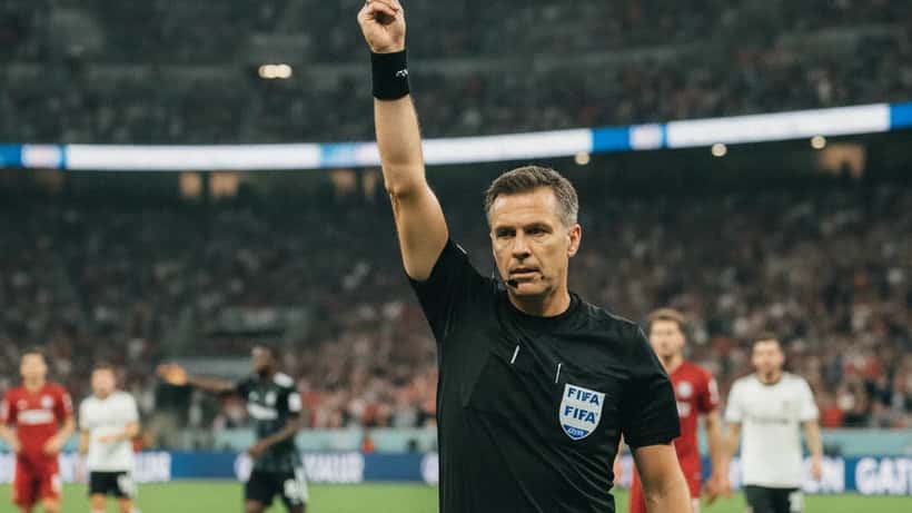 Fußballschiedsrichter zeigt gelbe Karte im WM-Stadion 2026 vor Tausenden von Zuschauern