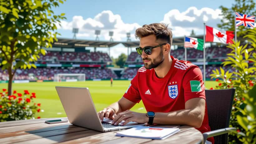 England fan checks the World Cup 2026 group table on a laptop in a sunny garden