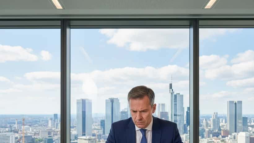 Geschäftsmann prüft rechtliche Dokumente in einem modernen Frankfurter Büro