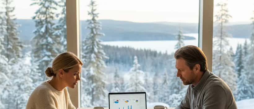 Svenskt par som granskar elräkningar och budgetdokument vid modernt köksbord med laptop