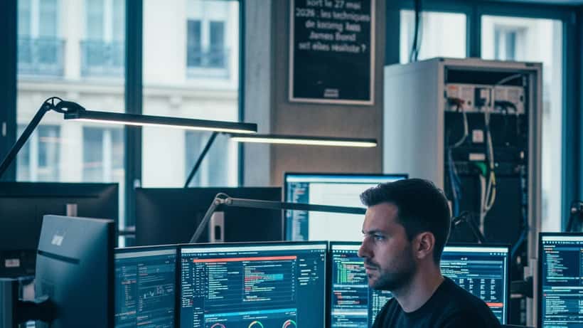 Expert en cybersécurité devant des écrans de monitoring réseau, illustrant les enjeux du jeu 007 First Light sorti le 27 mai 2026