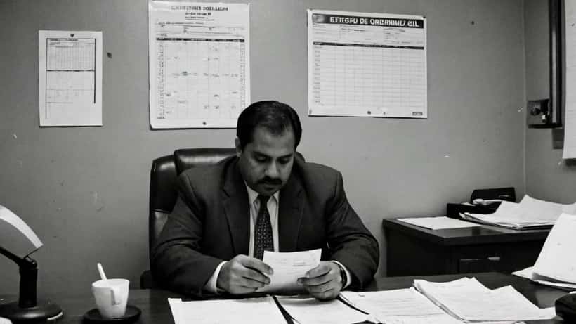 Abogado hispano revisando documentos de derechos del consumidor y gráficas de precios del petróleo en su oficina en Texas